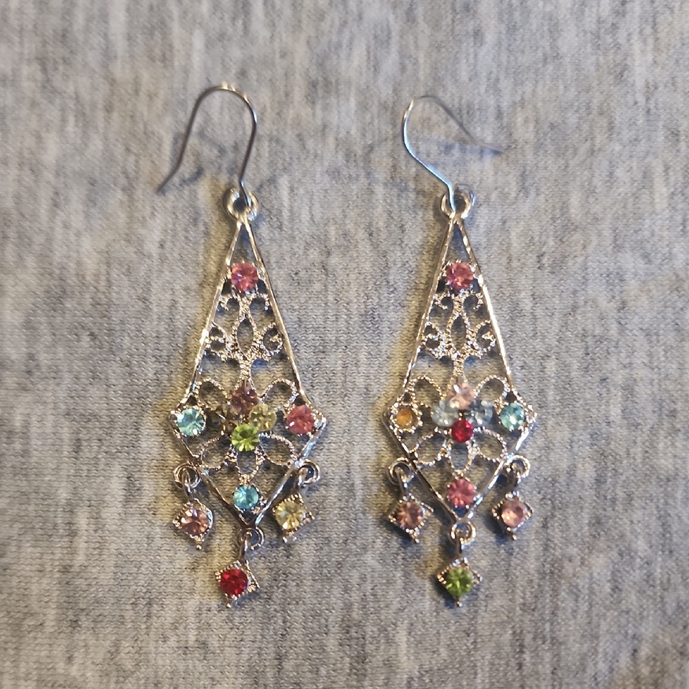 Silver Multi-Color Dangle Earrings